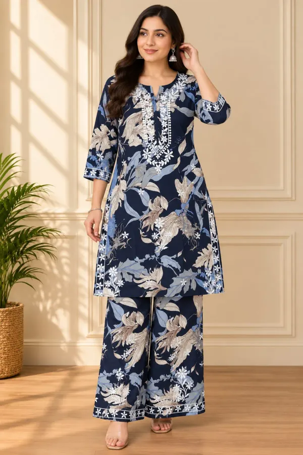 Blue_Printed_Cotton_Chikankari_Work_Kurta_With_Plazzo_Set
