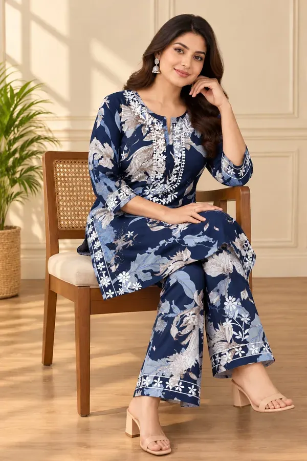 Blue_Printed_Cotton_Chikankari_Work_Kurta_With_Plazzo_Set