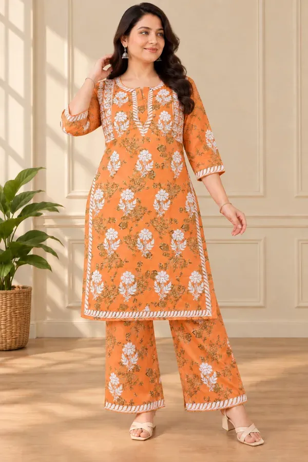 Orange_Mulmul_Cotton_Printed_Chikankari_Kurta_And_Plazzo_Set
