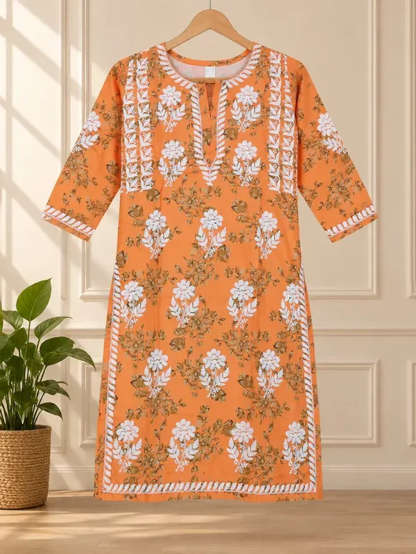 Orange_Mulmul_Cotton_Printed_Chikankari_Kurta_And_Plazzo_Set