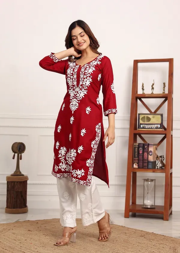 Maroon_Elegant_Chikankari_Below_Knee_Length_Kurti_Plazo_Set_Perfect_For_All_Occasion