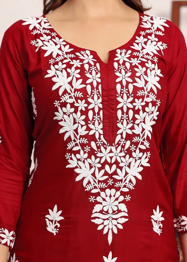 Maroon_Elegant_Chikankari_Below_Knee_Length_Kurti_Plazo_Set_Perfect_For_All_Occasion