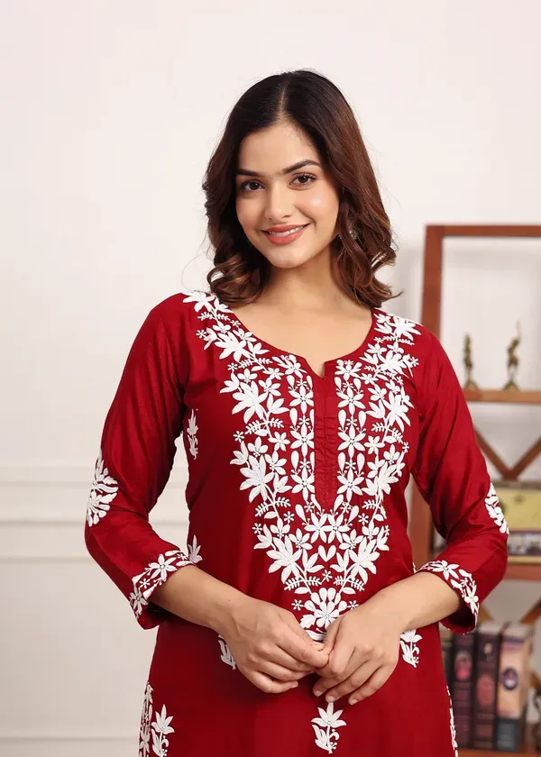 Maroon_Elegant_Chikankari_Below_Knee_Length_Kurti_Plazo_Set_Perfect_For_All_Occasion