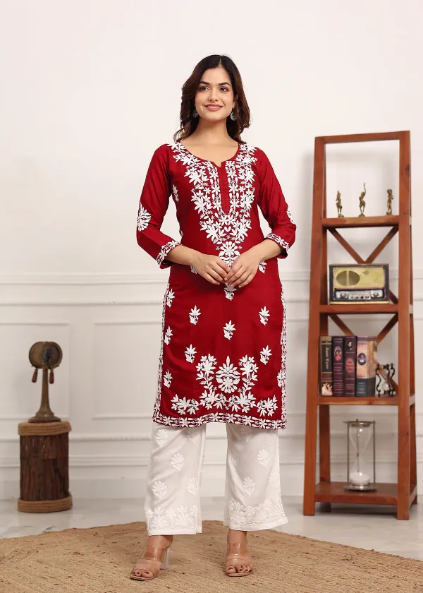 Maroon_Elegant_Chikankari_Below_Knee_Length_Kurti_Plazo_Set_Perfect_For_All_Occasion