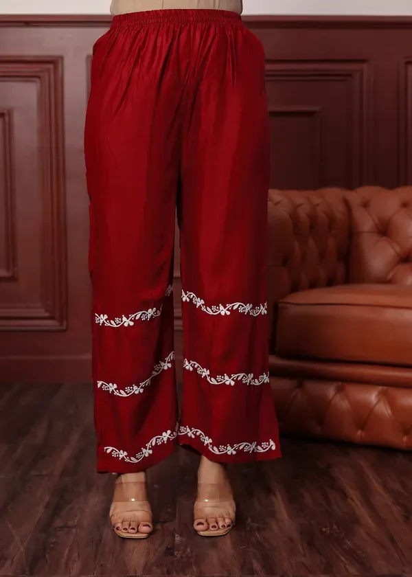 Maroon_Women_S_Rayon_Chikankari_Work_Straight_Kurta_Palazzo_Set_For_Women