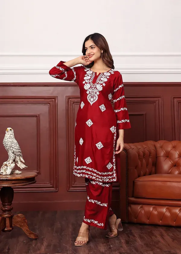 Maroon_Women_S_Rayon_Chikankari_Work_Straight_Kurta_Palazzo_Set_For_Women