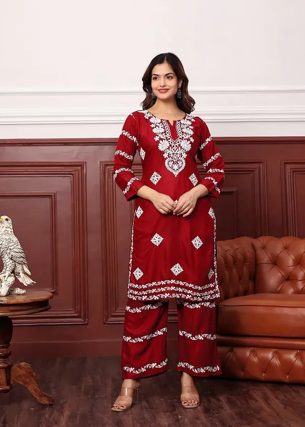 Maroon_Women_S_Rayon_Chikankari_Work_Straight_Kurta_Palazzo_Set_For_Women