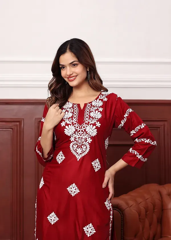 Maroon_Women_S_Rayon_Chikankari_Work_Straight_Kurta_Palazzo_Set_For_Women
