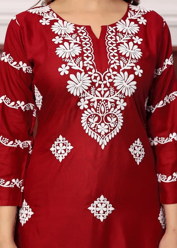 Maroon_Women_S_Rayon_Chikankari_Work_Straight_Kurta_Palazzo_Set_For_Women