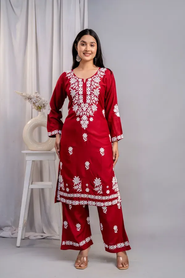 Maroon_Women_S_Exclusive_Kurti_Palazzo_Set_On_Pure_Rayon_Fabric_Chikan_Su