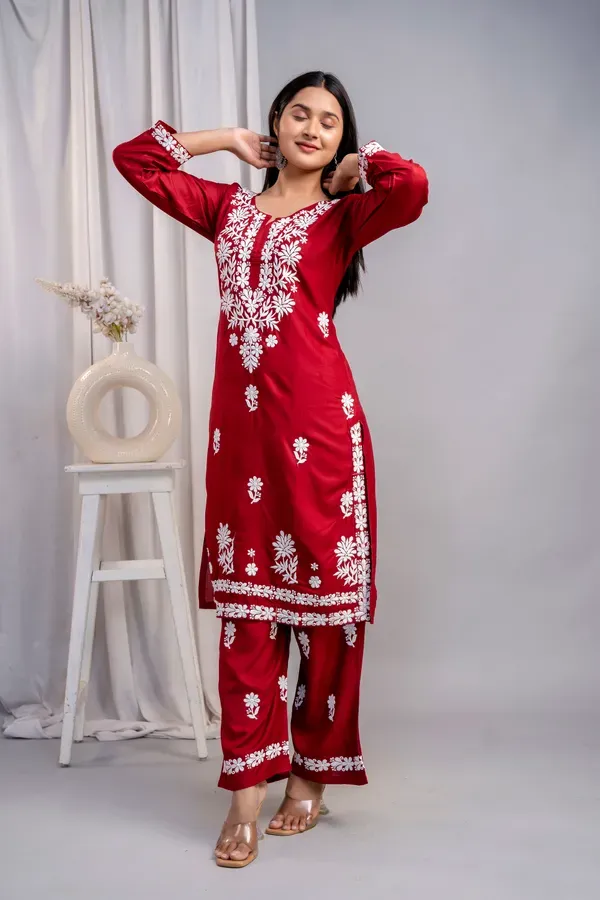 Maroon_Women_S_Exclusive_Kurti_Palazzo_Set_On_Pure_Rayon_Fabric_Chikan_Su