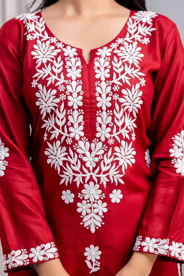 Maroon_Women_S_Exclusive_Kurti_Palazzo_Set_On_Pure_Rayon_Fabric_Chikan_Su
