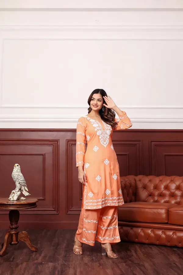 Peach_Women_S_Rayon_Chikankari_Work_Straight_Kurta_Palazzo_Set_For_Women