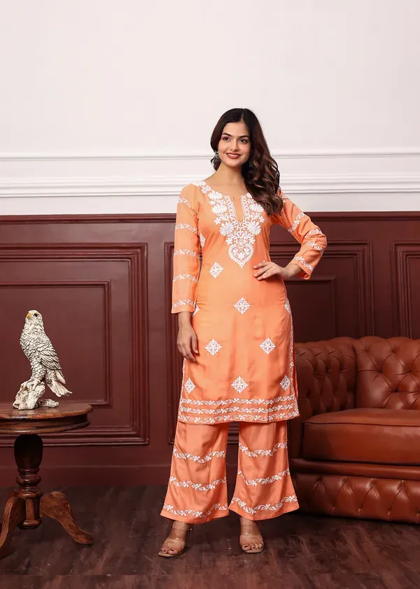 Peach_Women_S_Rayon_Chikankari_Work_Straight_Kurta_Palazzo_Set_For_Women