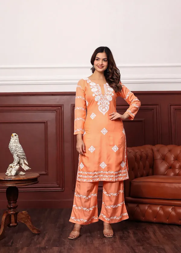 Peach_Women_S_Rayon_Chikankari_Work_Straight_Kurta_Palazzo_Set_For_Women