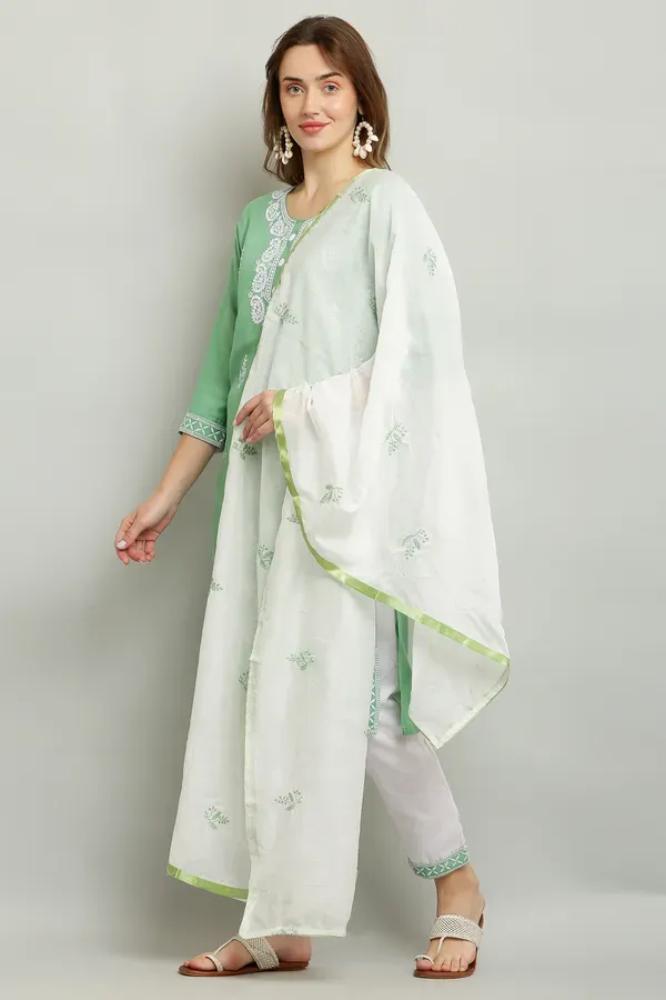 Pista_Rayon_Kurti_With_Dupatta_And_Bottom_Wear_3_Piece_Set_For_Women