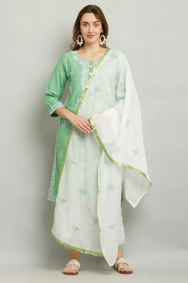 Pista_Rayon_Kurti_With_Dupatta_And_Bottom_Wear_3_Piece_Set_For_Women