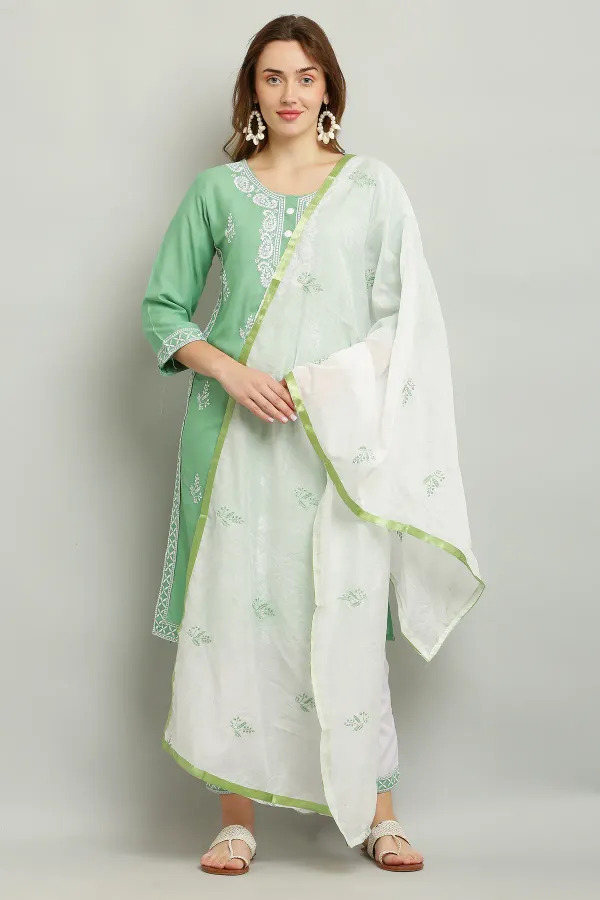 Pista_Rayon_Kurti_With_Dupatta_And_Bottom_Wear_3_Piece_Set_For_Women