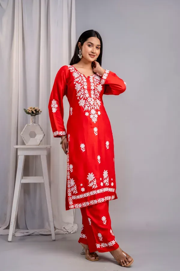 Red_Women_S_Exclusive_Kurti_Palazzo_Set_On_Pure_Rayon_Fabric_Chikan_Suit