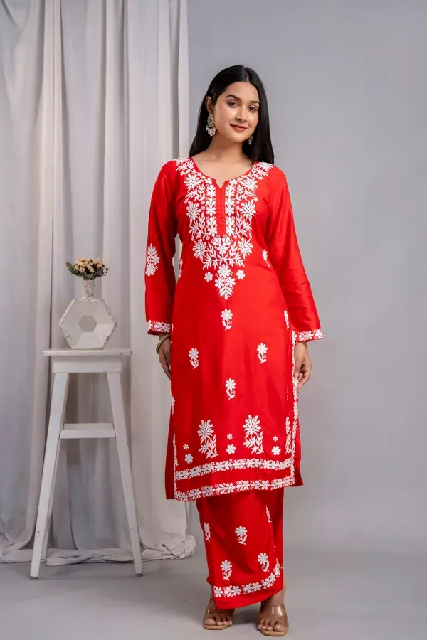 Red_Women_S_Exclusive_Kurti_Palazzo_Set_On_Pure_Rayon_Fabric_Chikan_Suit