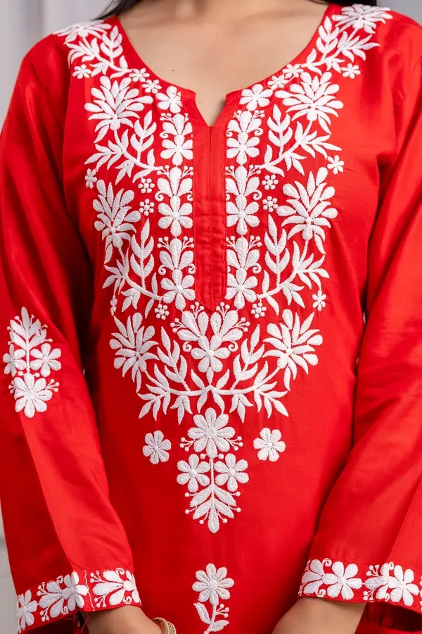 Red_Women_S_Exclusive_Kurti_Palazzo_Set_On_Pure_Rayon_Fabric_Chikan_Suit
