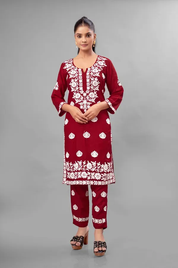 Maroon_Partywear_Chikankari_Straight_Kurta_Palazzo_Set_Readymade_For_Women