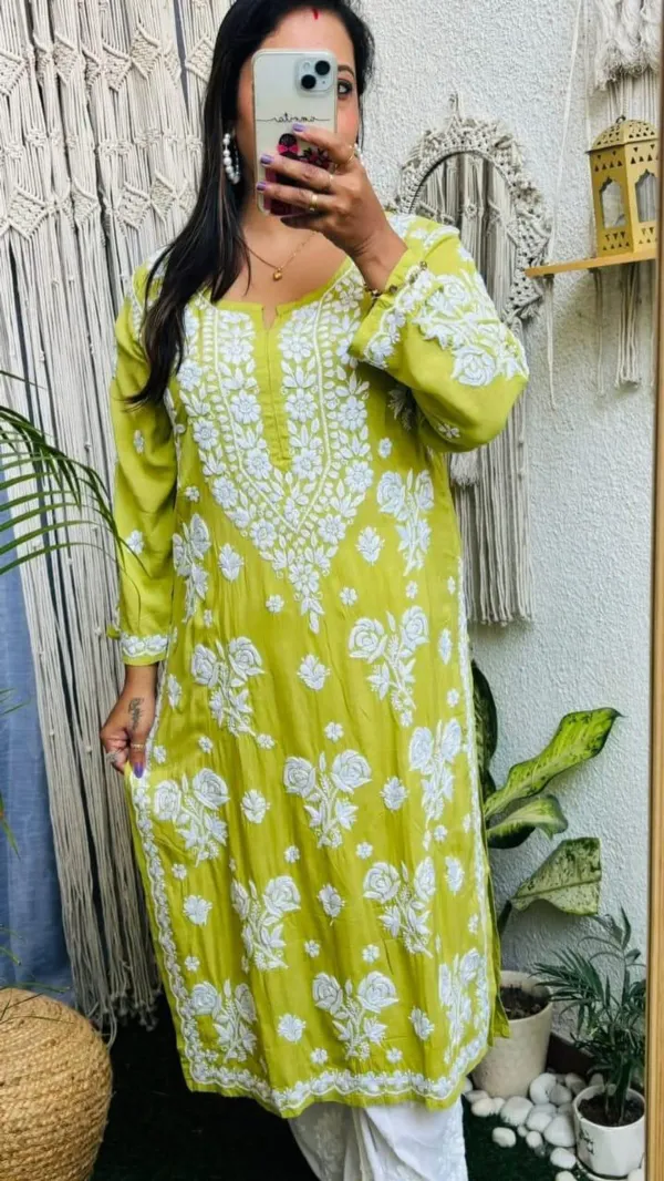 Mehndi_Pure_Rayon_Rose_Modal_Kurti_With_Heavy_Work_On_Daman_And_Sleeves_And_Plazzo_Set