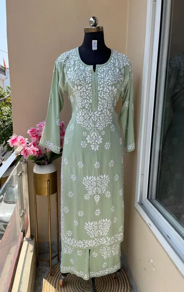 Pista_Long_Chikankari_Work_Latest_Rayon_Kurti_Wirh_Plazo_Set