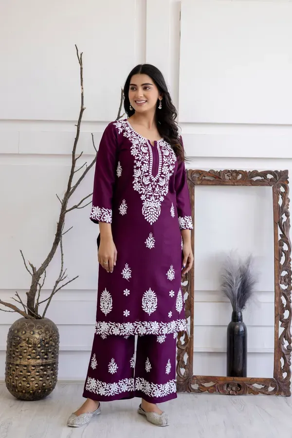Wine_Women_S_Elegent_Kurti_Set_Kurti_Plazo_Set