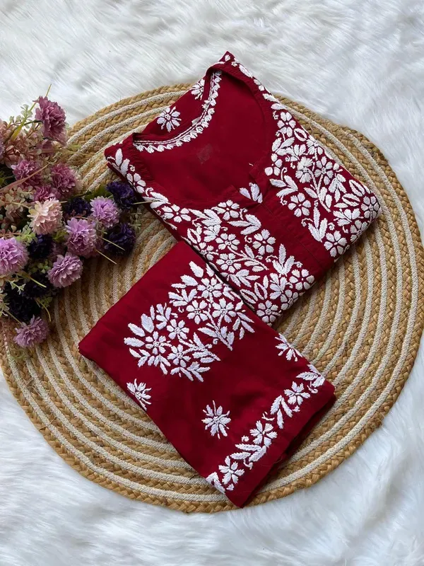 Maroon_Long_Chikankari_Work_Latest_Rayon_Kurti_Wirh_Plazo_Set