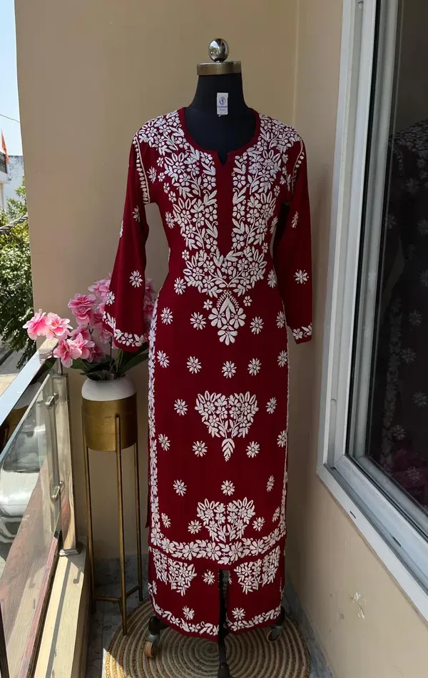 Maroon_Long_Chikankari_Work_Latest_Rayon_Kurti_Wirh_Plazo_Set