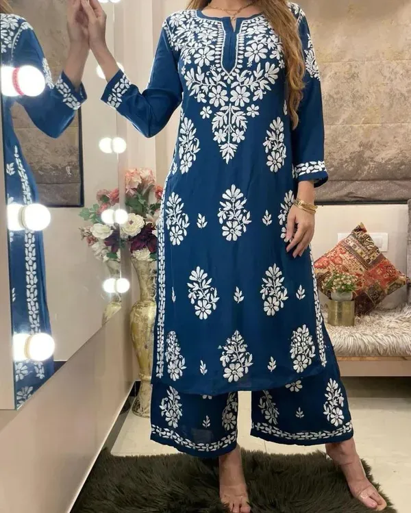 Dark_Blue_Rayon_Cotton_Chikankari_Kurta_With_Palazzo_For_Women