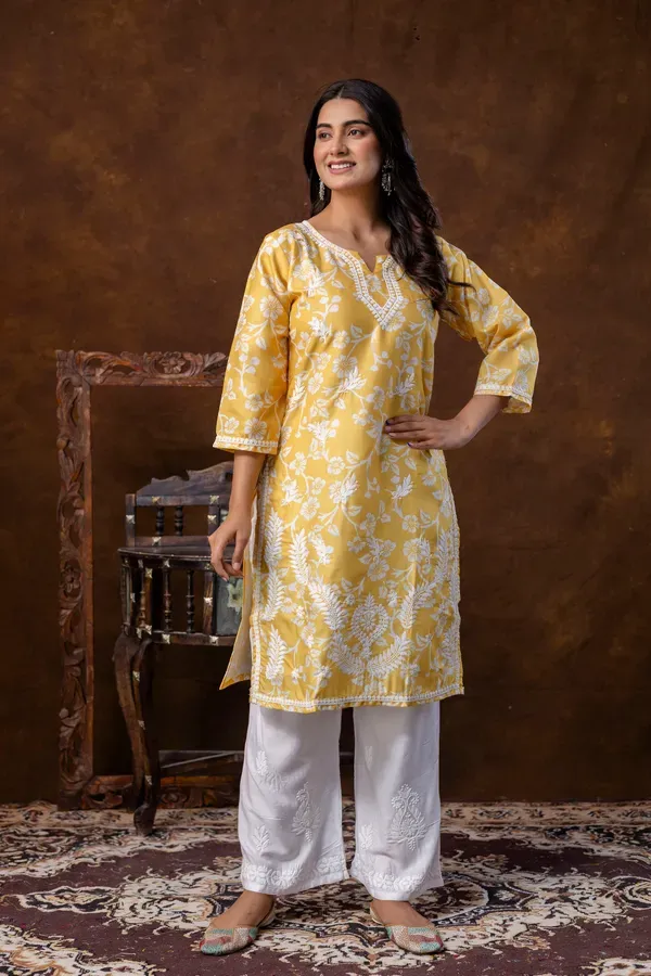 Yellow_Women_S_Cotton_Blend_Chikankari_Embroidered_Straight_Kurta_Set
