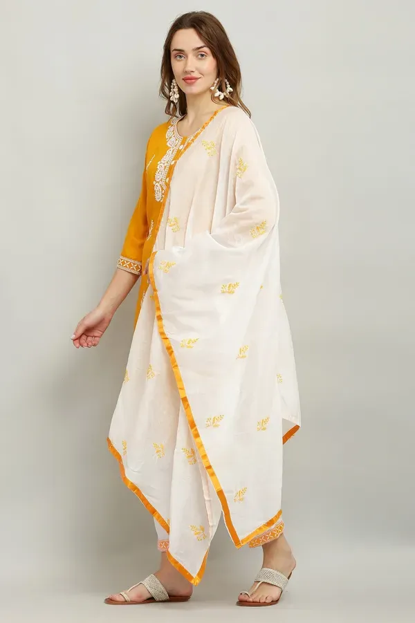 Yellow_Rayon_Kurti_With_Dupatta_And_Bottom_Wear_3_Piece_Set_For_Women