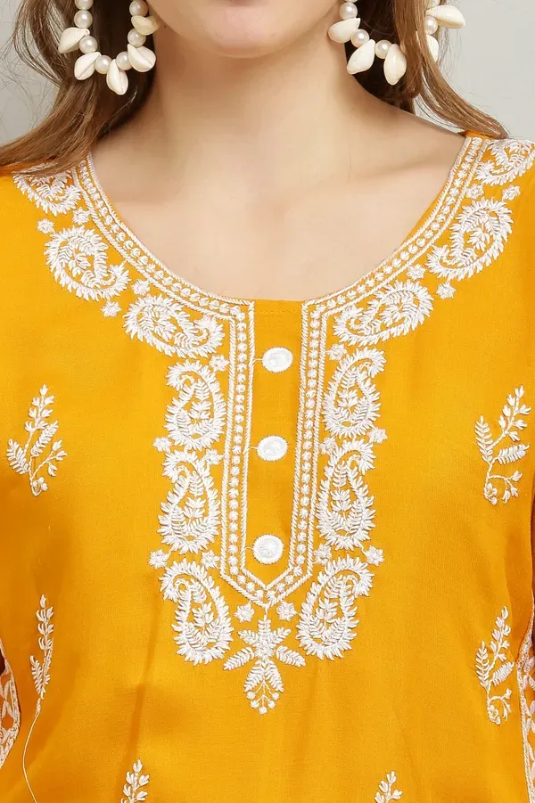 Yellow_Rayon_Kurti_With_Dupatta_And_Bottom_Wear_3_Piece_Set_For_Women