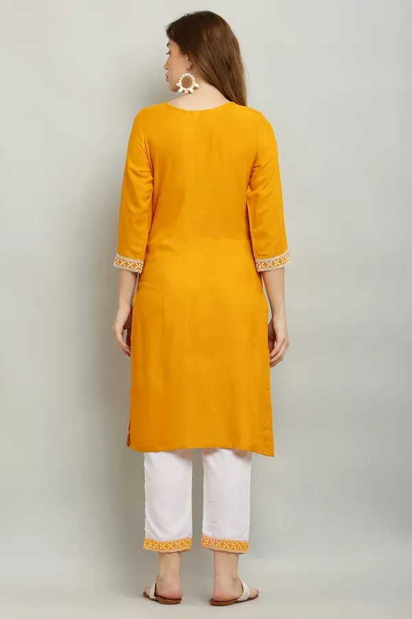 Yellow_Rayon_Kurti_With_Dupatta_And_Bottom_Wear_3_Piece_Set_For_Women