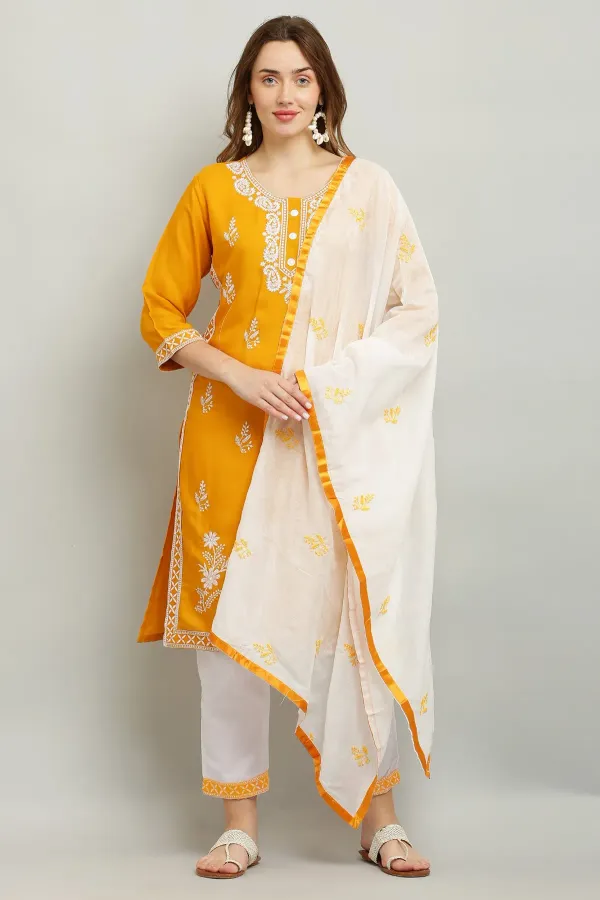Yellow_Rayon_Kurti_With_Dupatta_And_Bottom_Wear_3_Piece_Set_For_Women