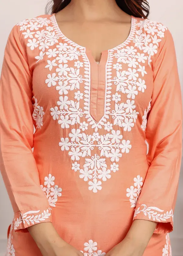 Peach_Chikan_Kurta_For_Women_Rayon_Straight_Chikankari_Kurti_And_White_Plaz
