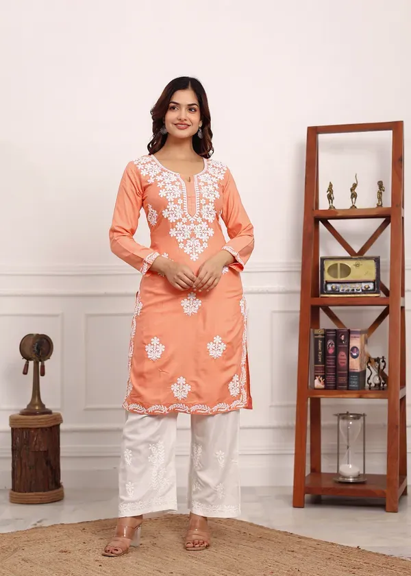 Peach_Chikan_Kurta_For_Women_Rayon_Straight_Chikankari_Kurti_And_White_Plaz