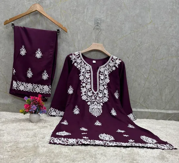 Wine_Chikankari_Straight_Kurta_Palazzo_Set_Readymade_For_Women