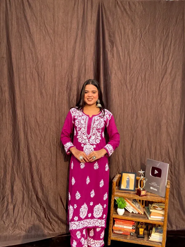 Wine_Chikankari_Straight_Kurta_Palazzo_Set_Readymade_For_Women