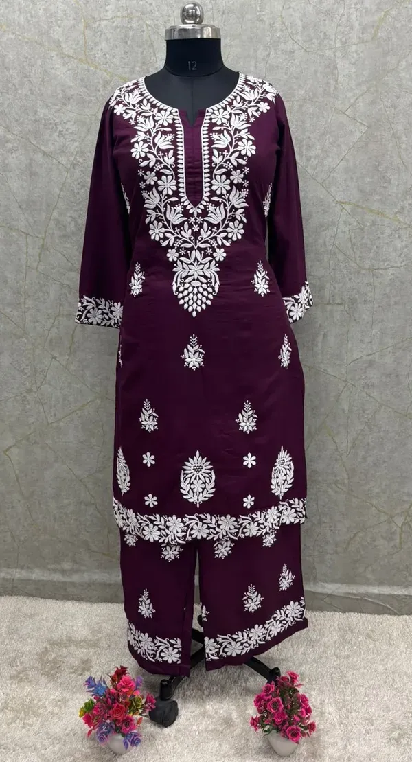 Wine_Chikankari_Straight_Kurta_Palazzo_Set_Readymade_For_Women