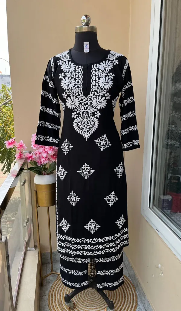 Black_Chikankari_Kurti_With_Matching_Printed_Plazzo_Suit_2ps_For_Women