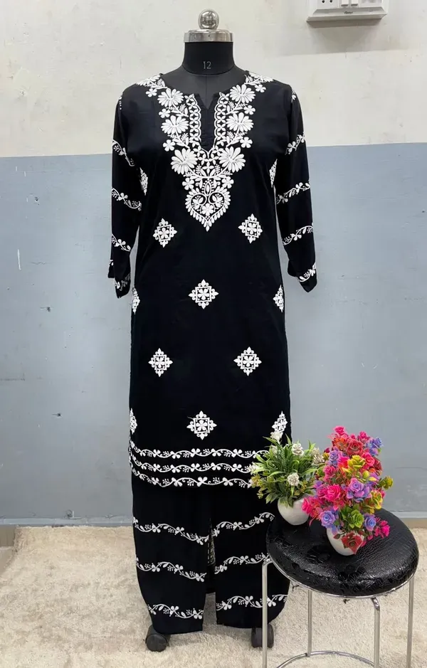 Black_Chikankari_Kurti_With_Matching_Printed_Plazzo_Suit_2ps_For_Women
