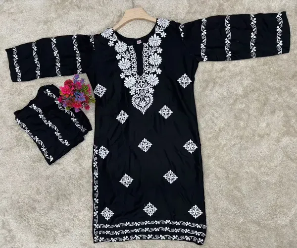 Black_Chikankari_Kurti_With_Matching_Printed_Plazzo_Suit_2ps_For_Women