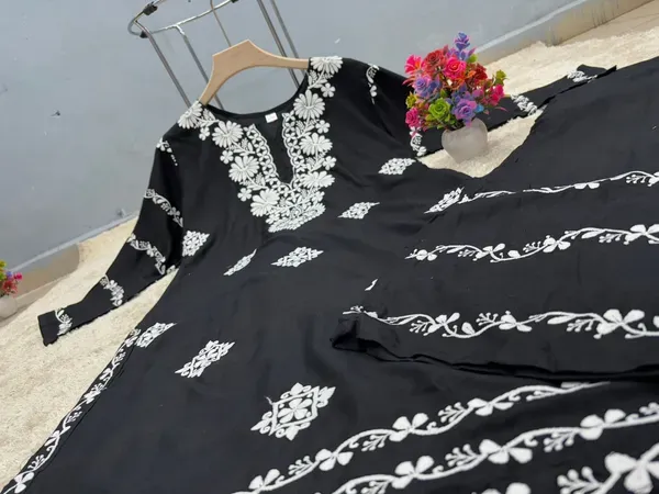 Black_Chikankari_Kurti_With_Matching_Printed_Plazzo_Suit_2ps_For_Women