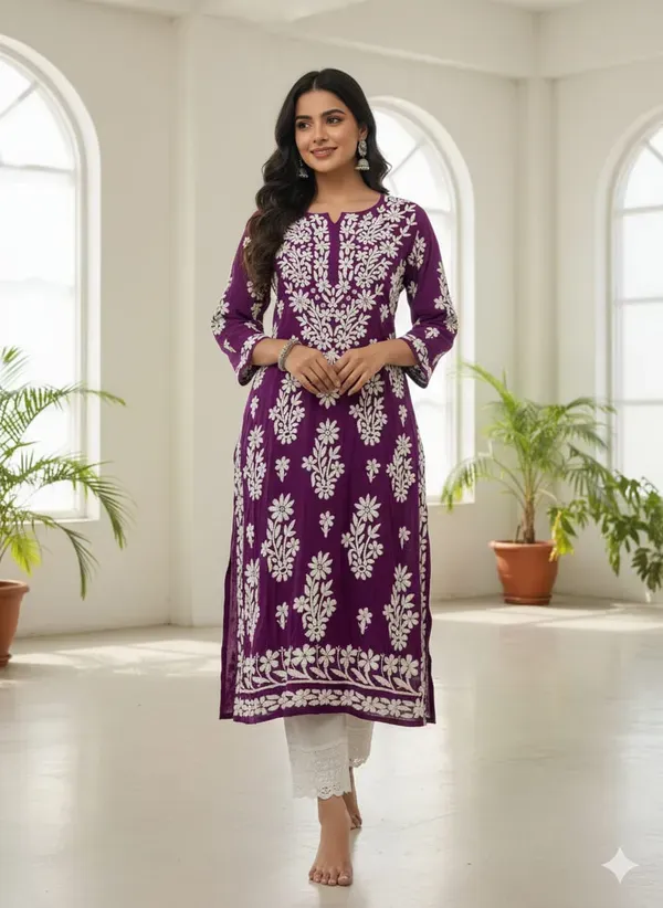 Wine_Chikankari_Premium_Modal_Straight_Kurta