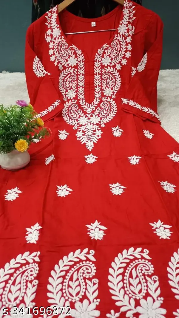 Red_Rayon_Cotton_Chikankari_Embroidery_Work_Kurti