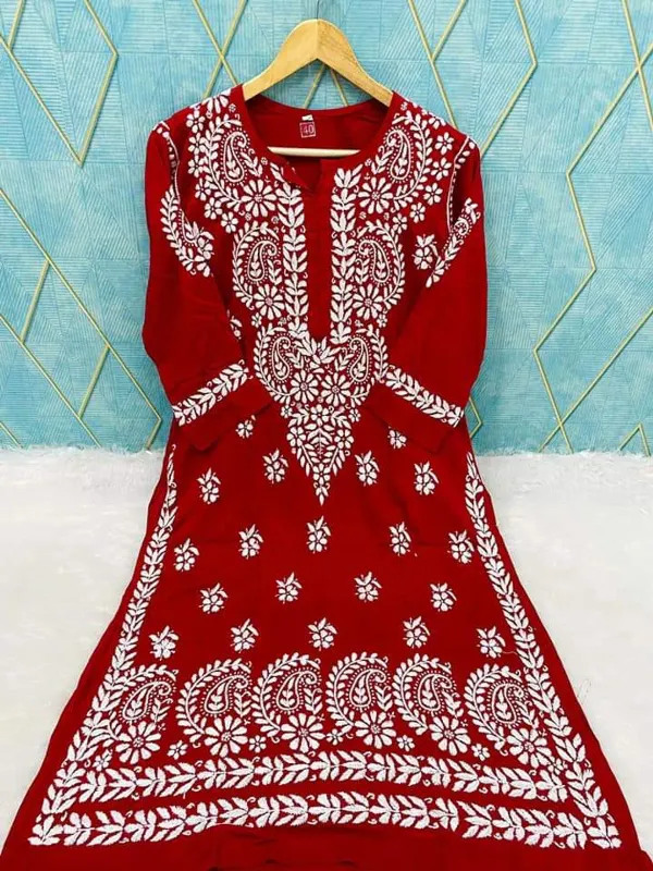Red_Rayon_Cotton_Chikankari_Embroidery_Work_Kurti