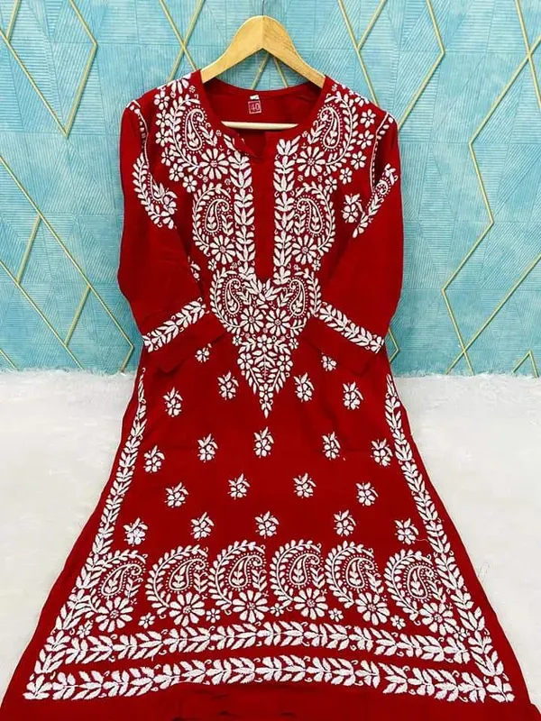 Red_Rayon_Cotton_Chikankari_Embroidery_Work_Kurti